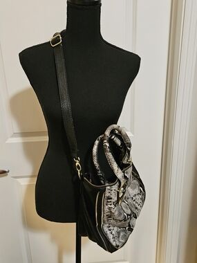 Steve Madden Black Shoulder Bag with Snake-Print Panels and Gold Hardware